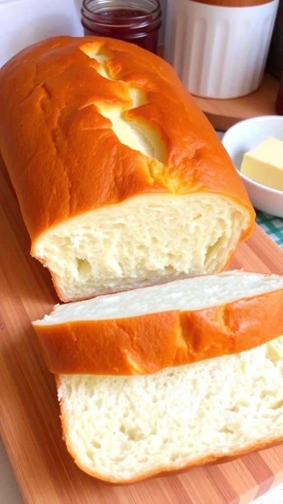 A loaf of homemade white bread sliced, showcasing its fluffy texture, on a wooden cutting board with jam and butter.